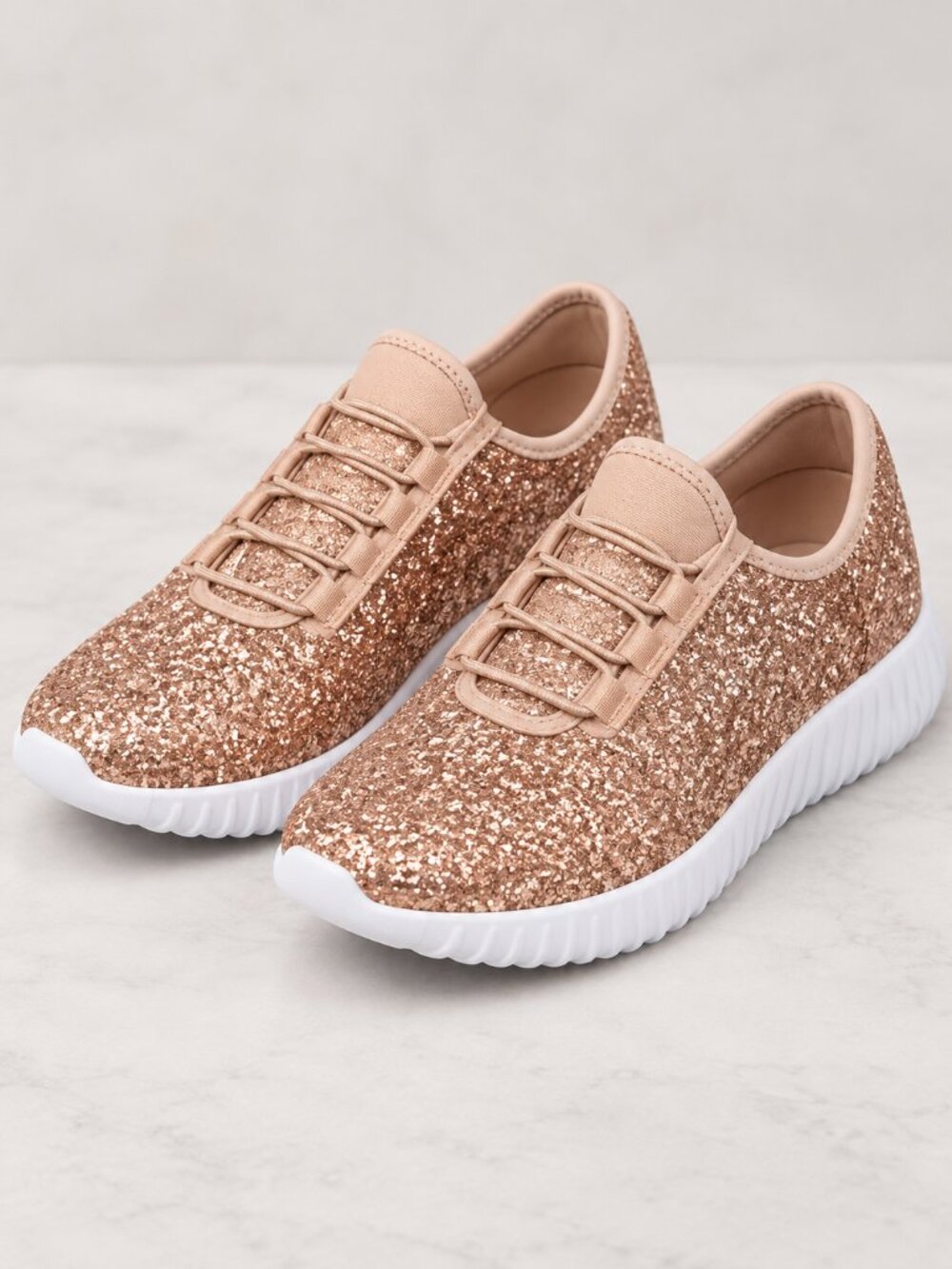 Women’s Rose Gold Glitter Slip-On Sneakers Elastic Lace Size 7 NWT